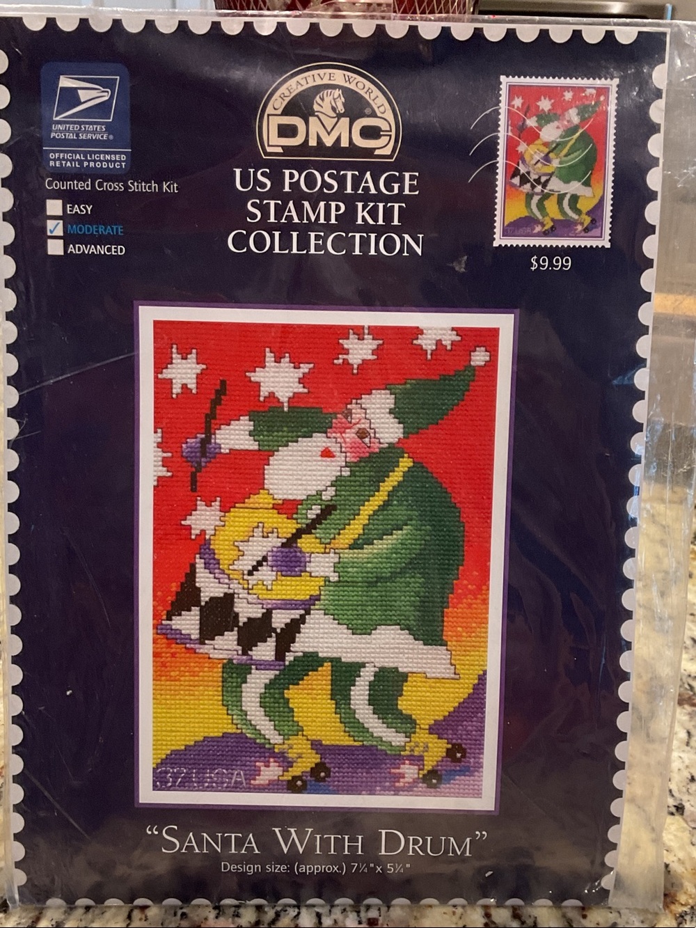 DMC US Postage Stamp Cross Stitch Kit Santa With Drum Red & Green 7 1/4”x 5 1/4”